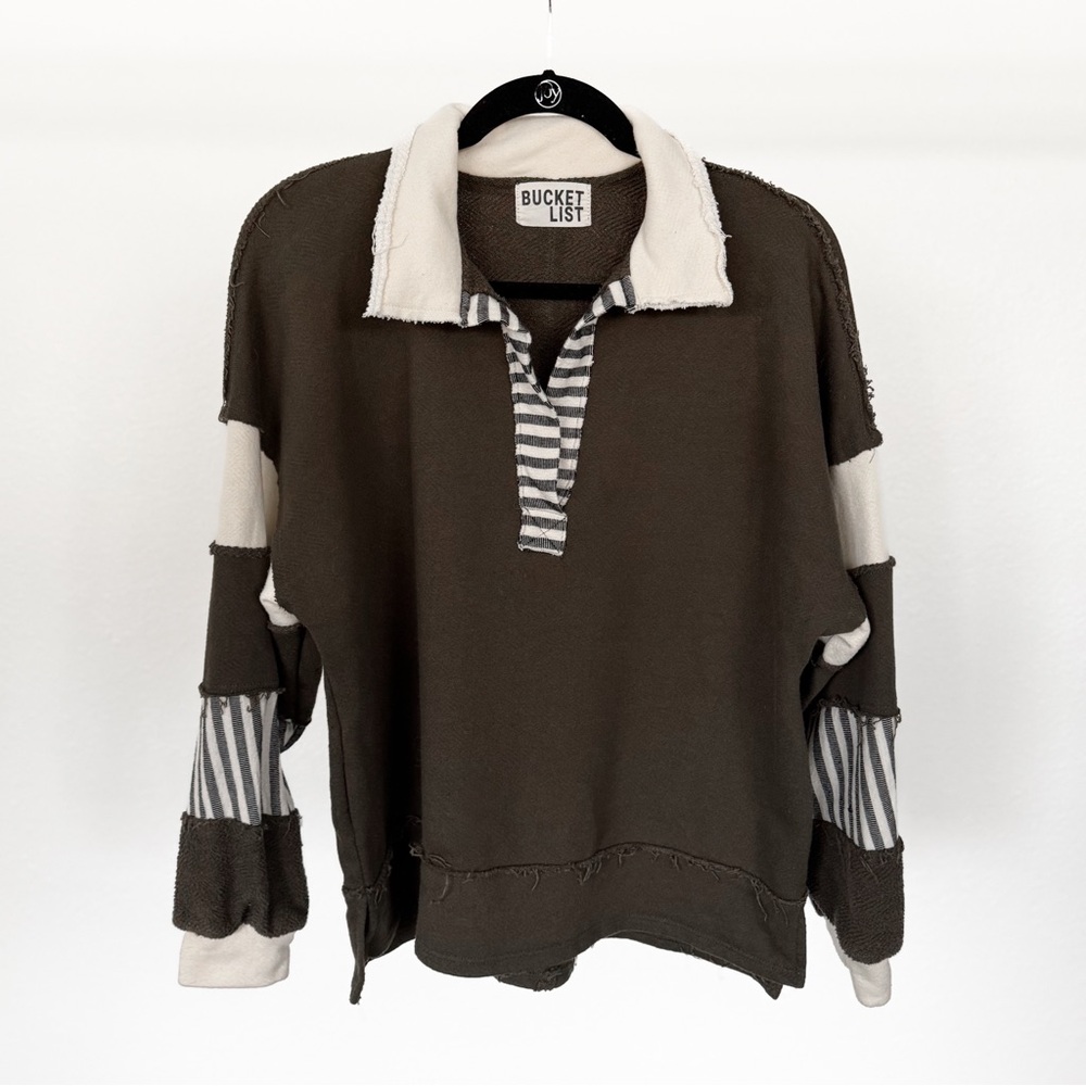 BUCKETLIST Women’s Olive Sweater with Cream Stripes Medium